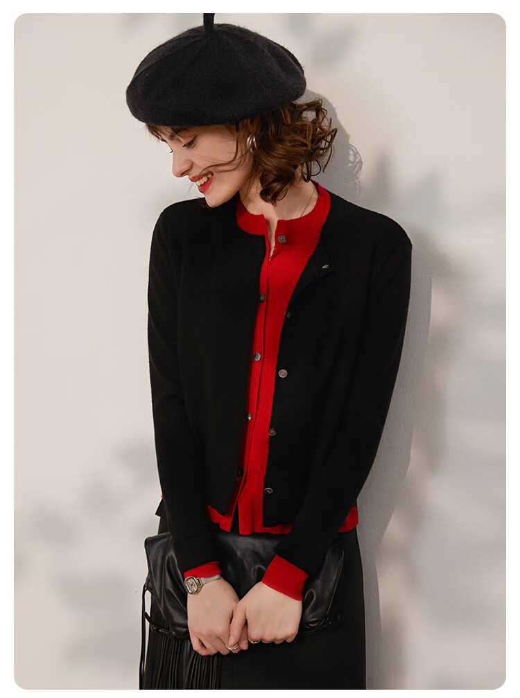 LOUISYAO Spring Autumn Two-Piece Colorblock Knit Round Neck Single-Breasted Long Sleeve Cardigan Women Navy Blue with Blue Patchwork 1 XL 15