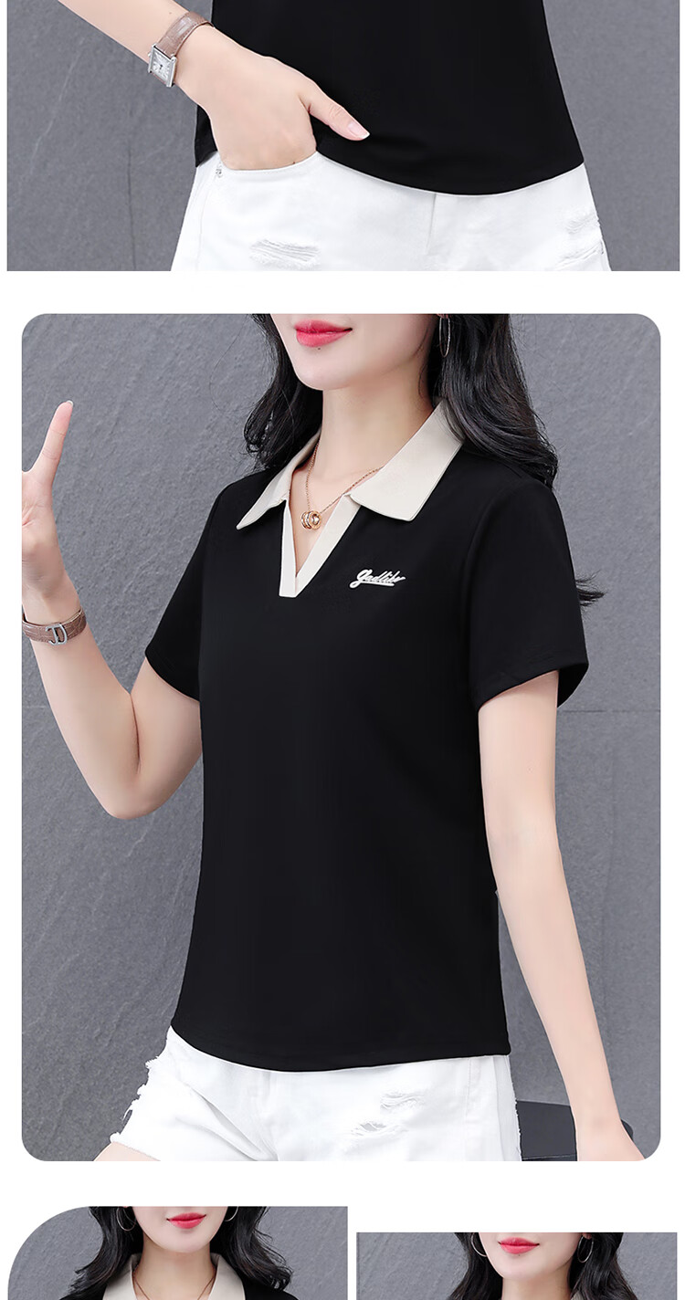 Woodpecker Women's Short Sleeve Polo Shirt Summer Ice Silk Slim Fit Breathable Sports Top Black M 19