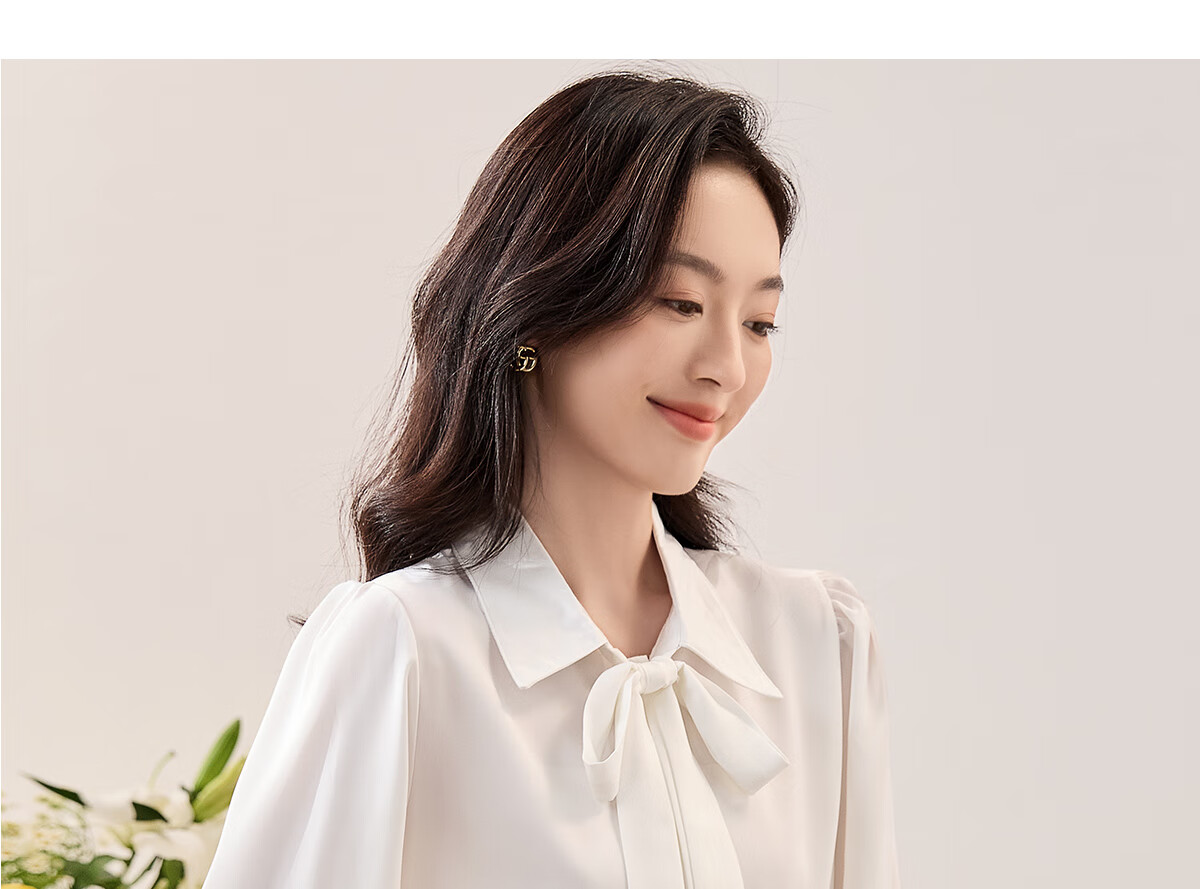 Chushen Long-Sleeve Shirt for Women, Elegant Lapel Design with Bow Tie, Casual White Blouse S13KC2990 Size M 23