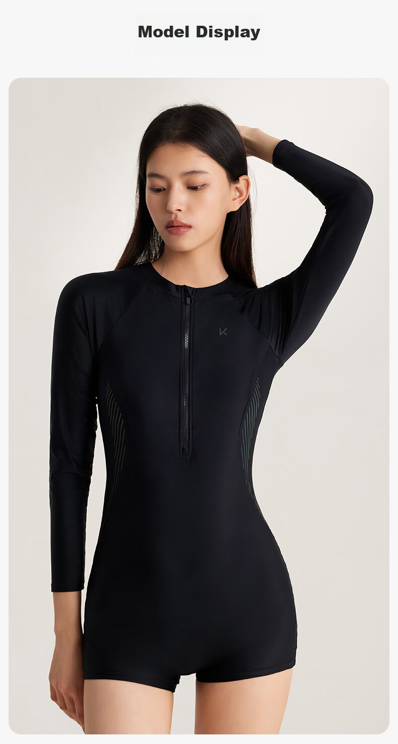 Keep Women's One-Piece Long-Sleeve Boyleg Swimsuit, Professional Training Conservative Plus Size Swimwear, 603 Black, L 15
