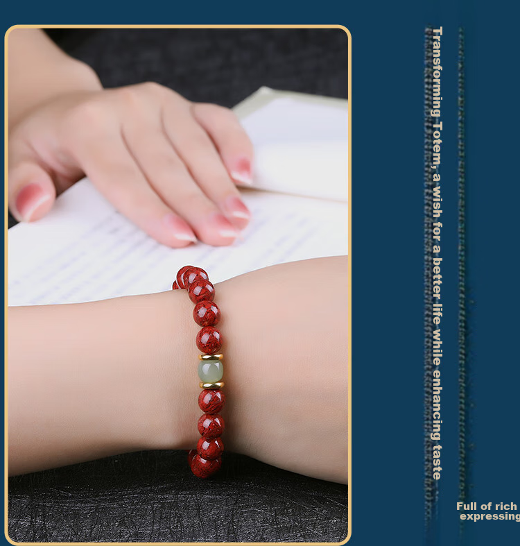 Doukou Shiguang Original Ore Translucent Crystal Cinnabar Bracelet, High-Content Zodiac Year Hetian Jade Fortune-Turning Bead Bracelet for Men And Women, 6mm 16
