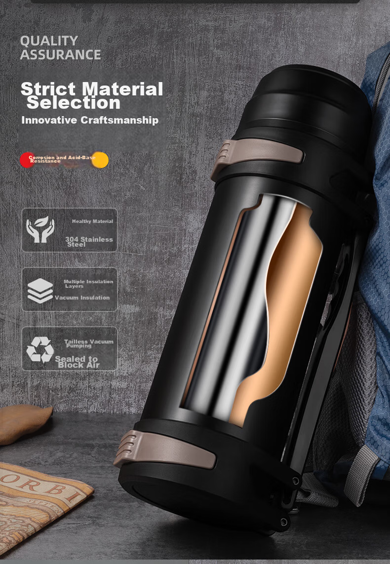 Cille Large Capacity Travel Kettle 304 Stainless Steel Household Electric Kettle Car-mounted Vacuum Outdoor Insulated Water Bottle Black 1.9L 6