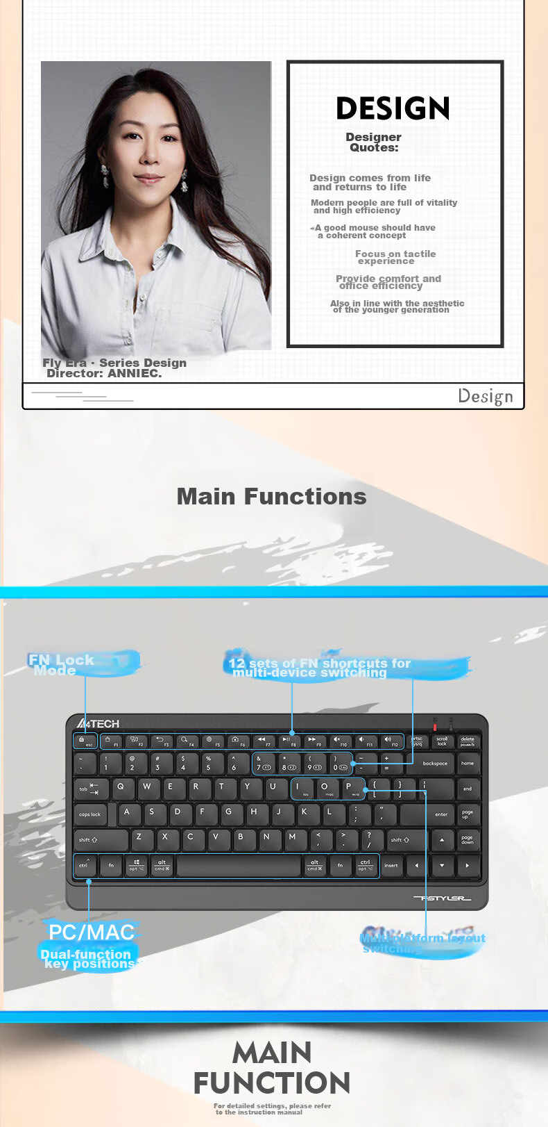A4TECH FBK11, 86-Key Bluetooth Keyboard, Wireless Keyboard for Computer Office, Thin Film Keyboard, Portable Mini Keyboard for IPad, Fei Shidai, Su Kong Hai, Bluetooth/wireless 3