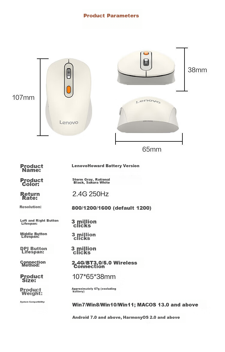 Lenovo Wireless Bluetooth Dual-Mode Mouse, Portable Office Mouse, Ergonomic Design, Compatible with Desktop All-In Computers, Laptops And Tablets, Howard Mouse 2022 Gray 3