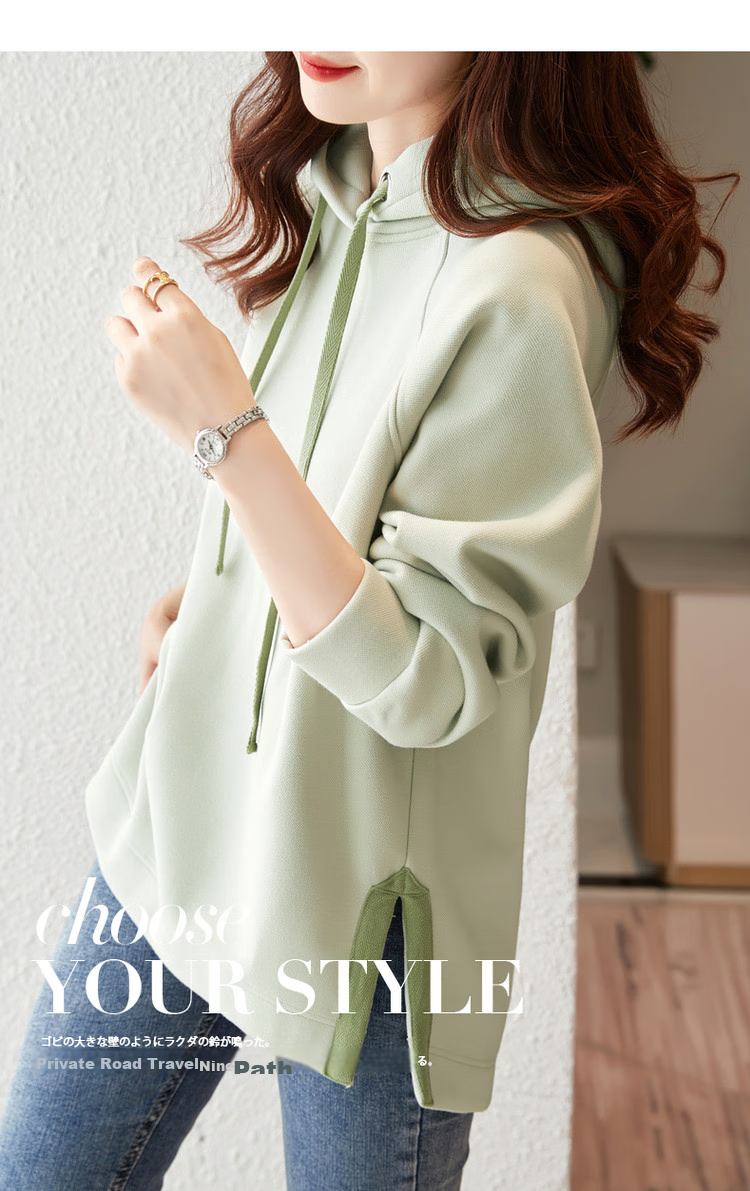 Dme [Split-Style Craftsmanship] Spring And Autumn Hooded Loose Casual Slightly Elastic Long-Sleeve Women's Sweatshirt, Light Water Green, S 1