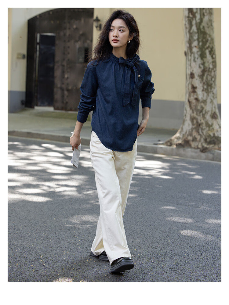 Dme [Strap Stand-Collar Shirt], Autumn Elegant Deep Blue Slanted Doorway Collar Niche Design Blouse for Wome 6