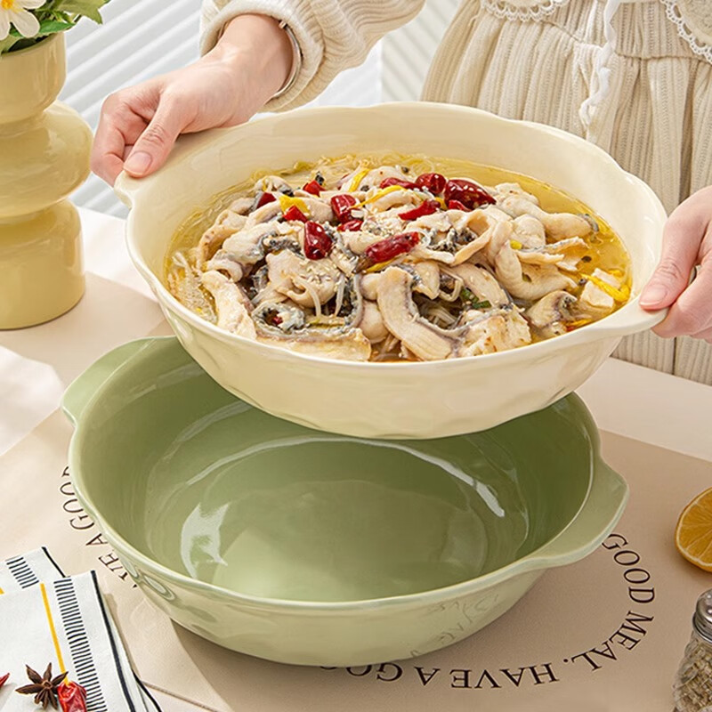 PINYU Sauerkraut Fish Large Bowl with Double Handles, 10-Inch Soup Bowl for Home Use, Specially Designed for Boiled Fish And Crayfish, Milk White