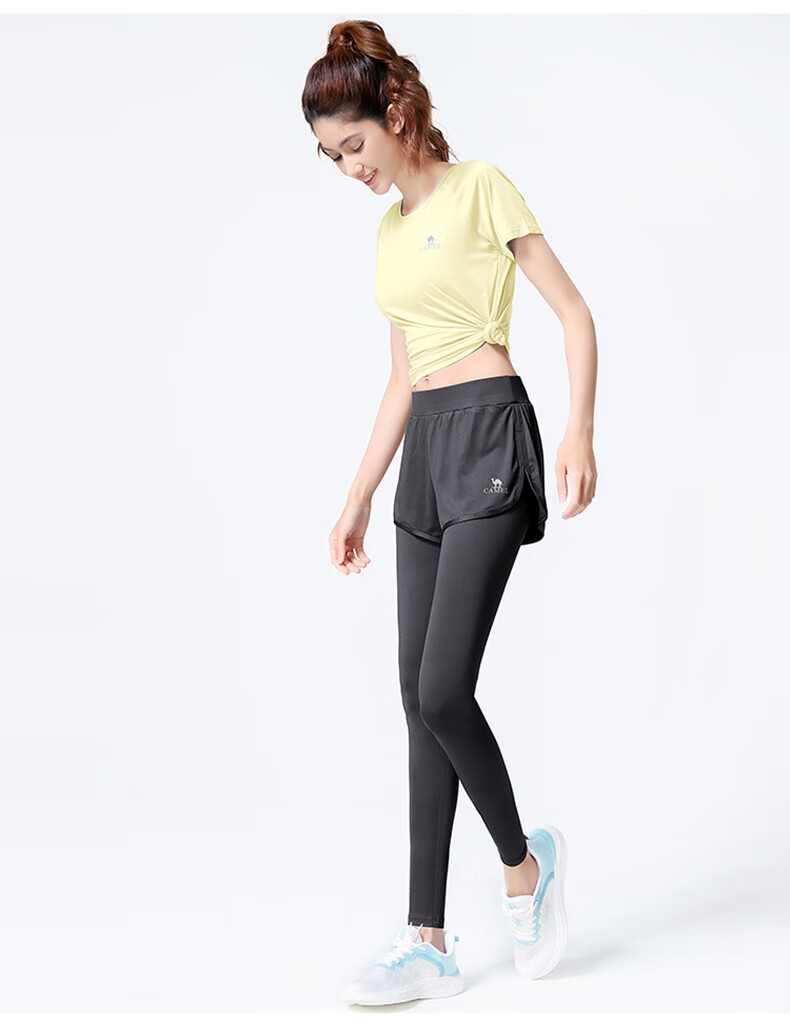 CAMEL Women's Sportswear Set, New Yoga Fitness Pilates Elastic Short-Sleeve Top And Long Pants, Anti-Exposure Two-Piece Athletic Outfit 14