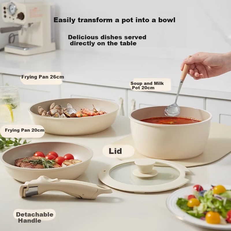 REDCHEF Detachable Handle Cookware Set, Ceramic Non-Stick Pan, Outdoor Frying And Stir-Frying Pan, Flat Bottom Pan, Soup And Milk Pot, Stackable Pot, White