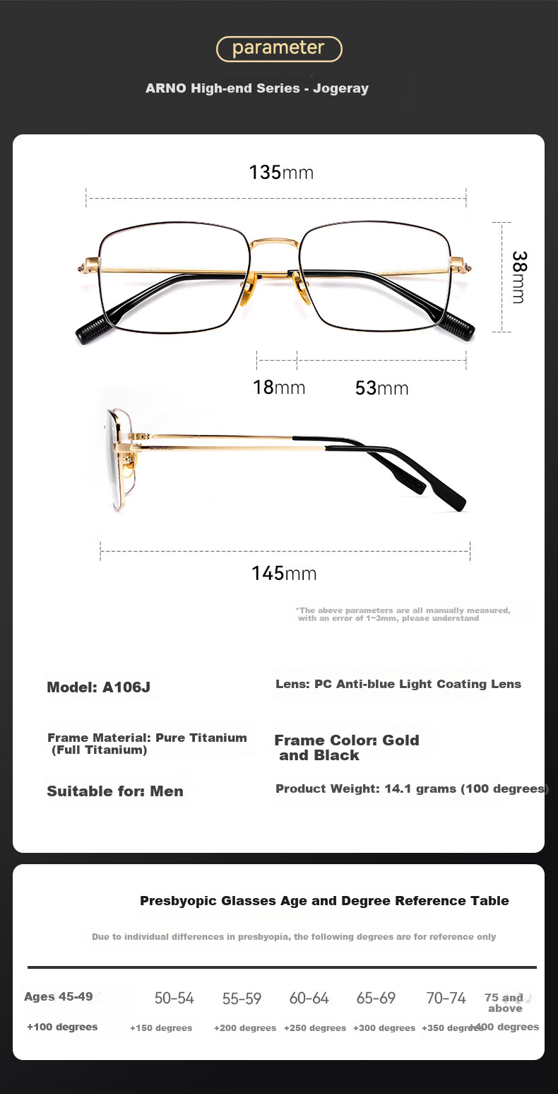 ARNO FOCUS ON YOUR EYES Ultra-Light Pure Titanium Reading Glasses for Men, German Import, High-Definition Anti-Blue Light Brand Premium Presbyopic Glasses A106 350 Degrees 7