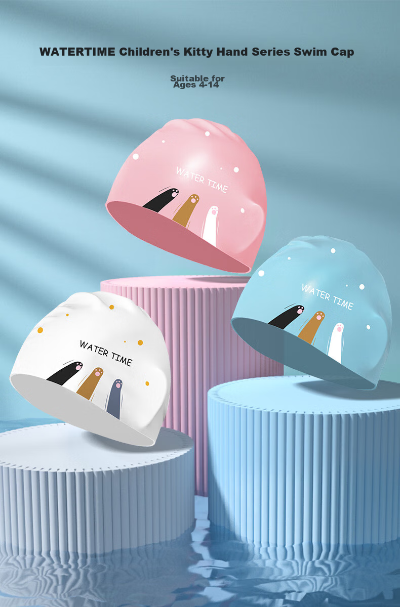 WATERTIME / Shuichuan Children's Swim Cap, Boys And Girls Waterproof Silicone Non-Binding Long Hair Ear Protection Swimming Cap, White Kitten Desig 1