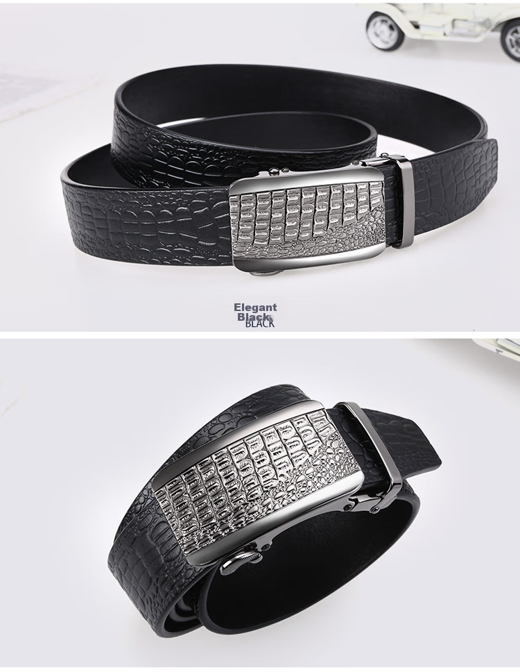 Cattlesboss Men's Leather Belt with Automatic Buckle, Alligator Pattern Business Belt 7075 Gift Elegant Black 110cm 13