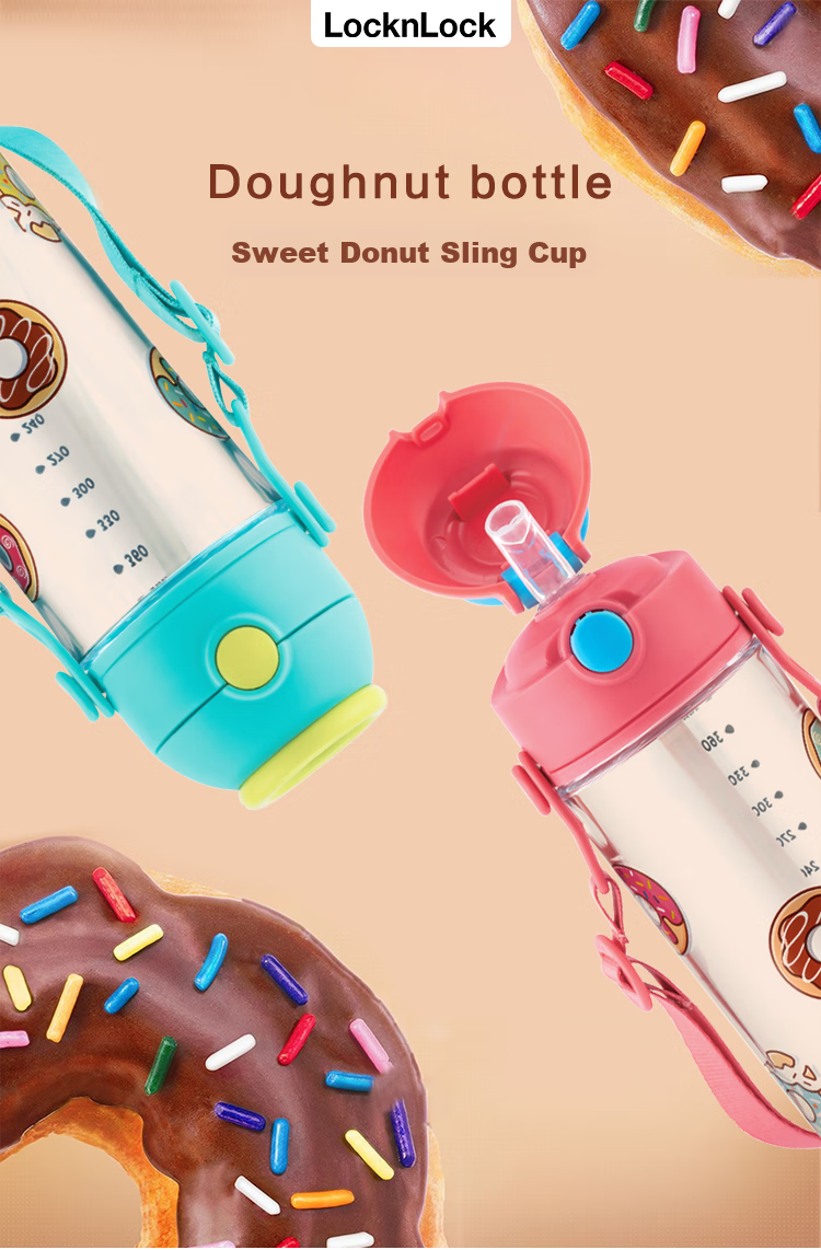LOCK&LOCK Children's Straw Cup, Donut Water Bottle, Student Outdoor Handle Strap, Tritan Material Cup, 460ml, Pink 1