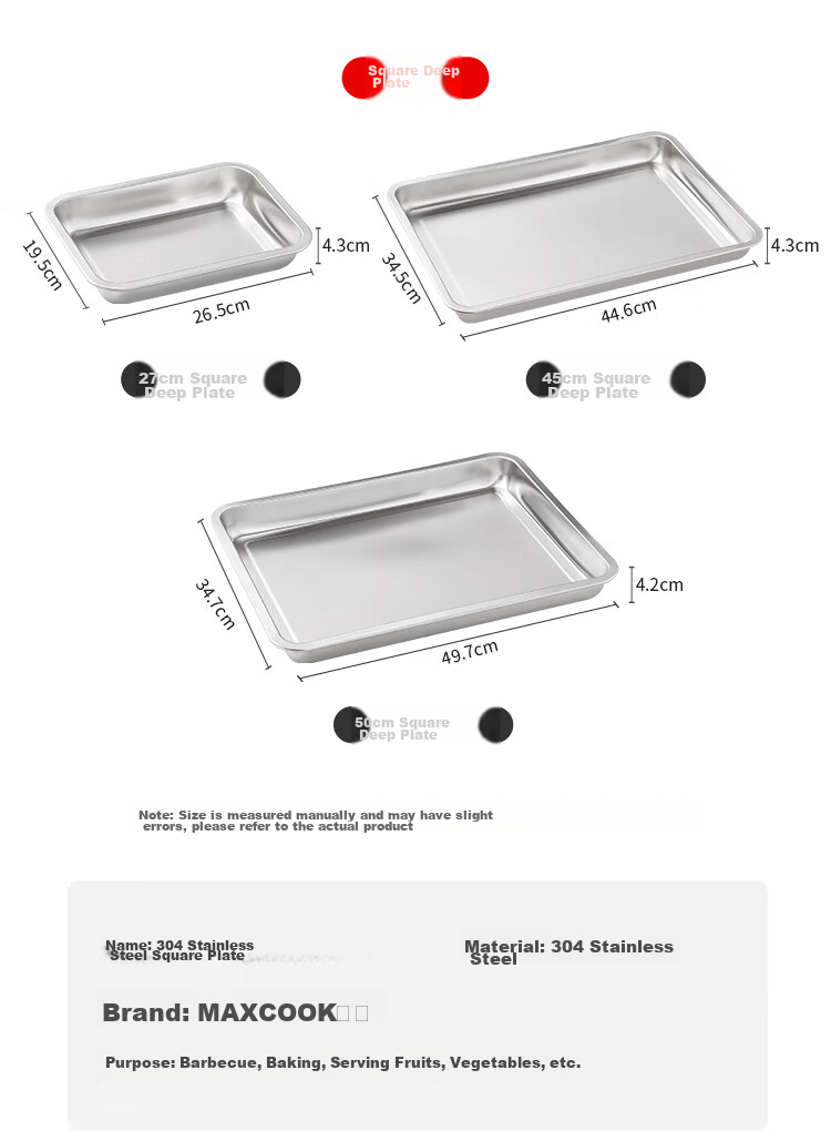 MAXCOOK 304 Stainless Steel Square Plate, Deep Square Tray, Rectangular Serving Tray, Barbecue Grilling Tray 29cm MCFT6548 14