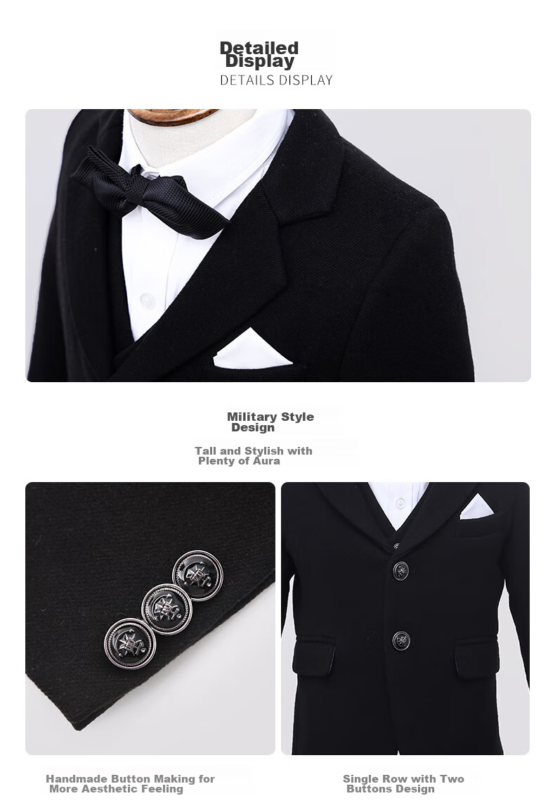 Luomeng Children's Suit Set for Boys, Flower Boy Formal Wear, Autumn Wool Suit for Piano Performance, Black Wool 5-Piece Set, Size 160 17