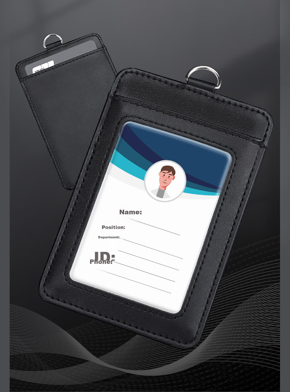 Jiaranheng Genuine Leather Work Badge, Corporate Employee ID Card Holder with Storage Slot, Neck Strap, Conference Access Pass, Work Permit Case, Cowhide Material, Customizable, Black Vertical Style 11