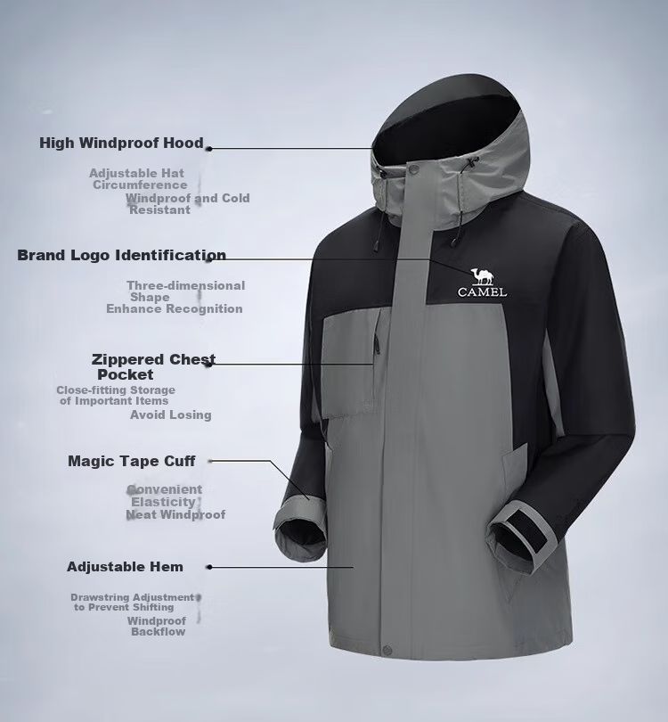 CAMEL Outdoor Jacket Three-In Color-Block Detachable Two-Piece Set, Storm-Proof Windproof Waterproof Mountaineering Suit XL 4