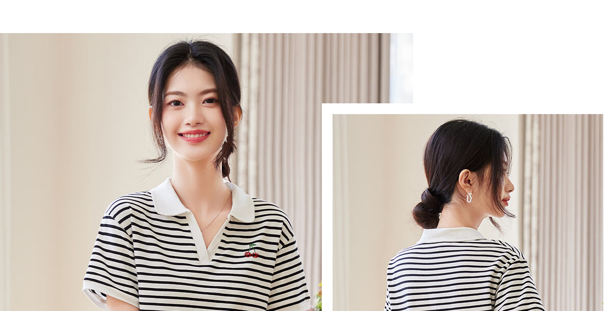 PinCai Women's Summer Short Sleeve V-Neck Polo Shirt Striped Letter Cherry Fashion Base Top P143T1550 30