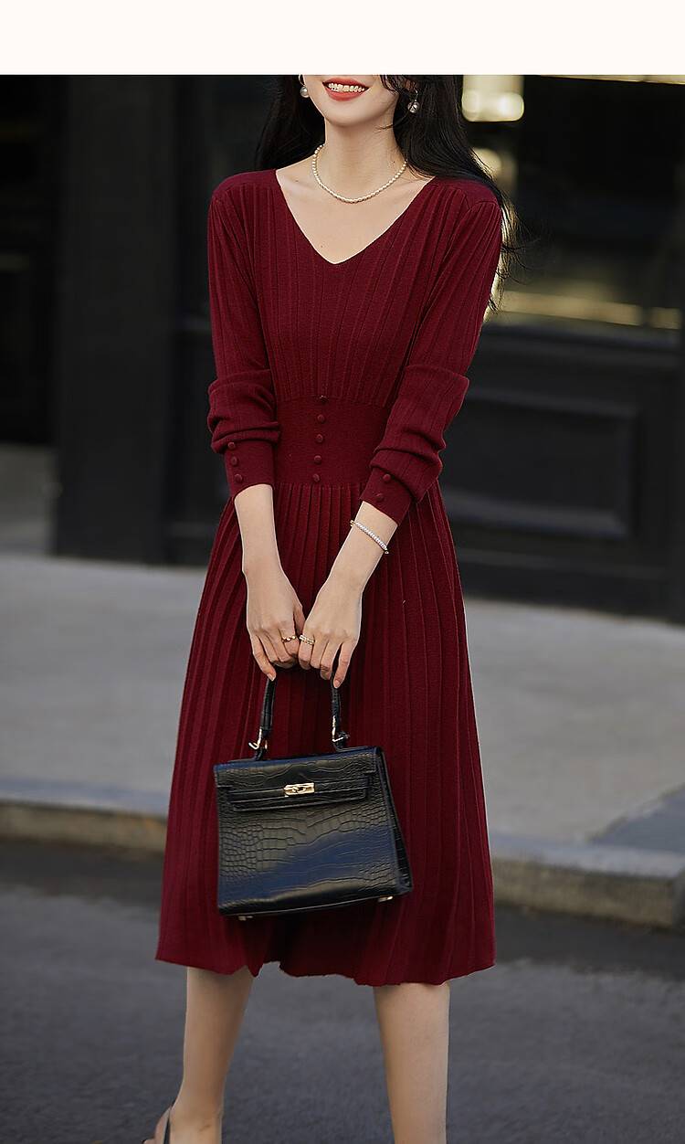 Dme Sweet Feminine V-Neck Waist-Slimming Knit Dress for Women, Mid-Length, Elegant Socialite Style, Spring and Autumn 12