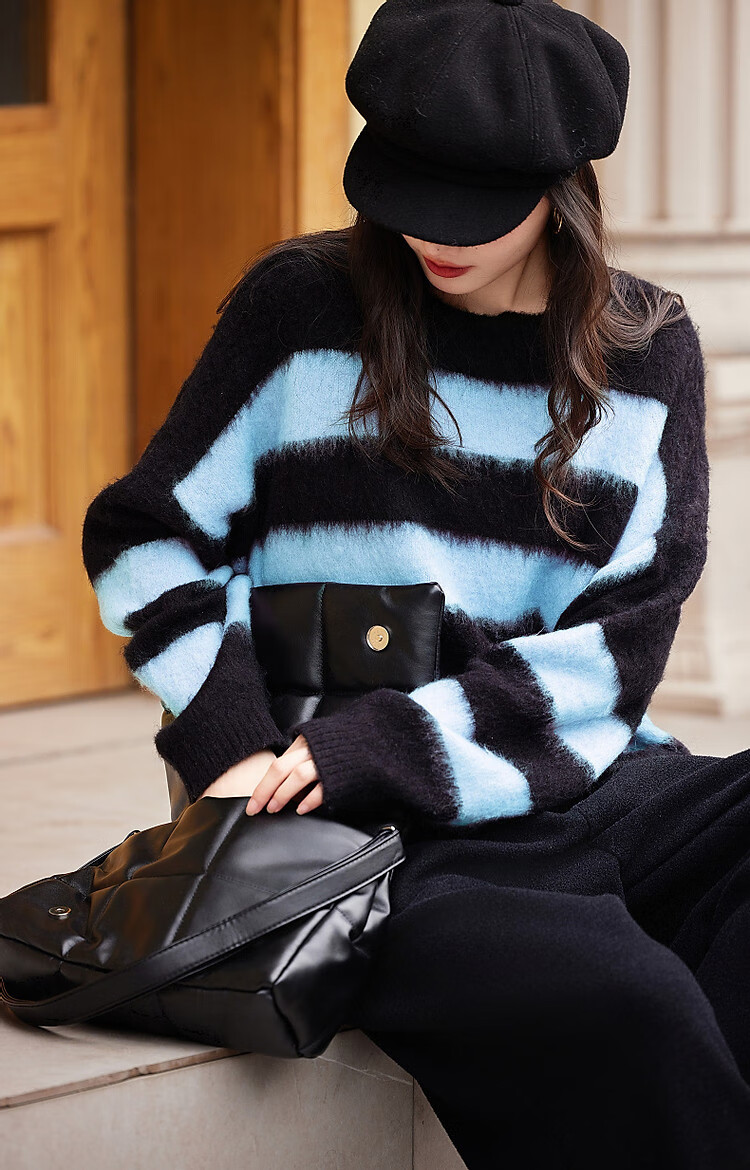 DME Fashionable Casual Style Winter Round Neck Raglan Sleeve Faux Fur Striped Elegant Color Block Knit Sweater Women's Top, Purple XL 15