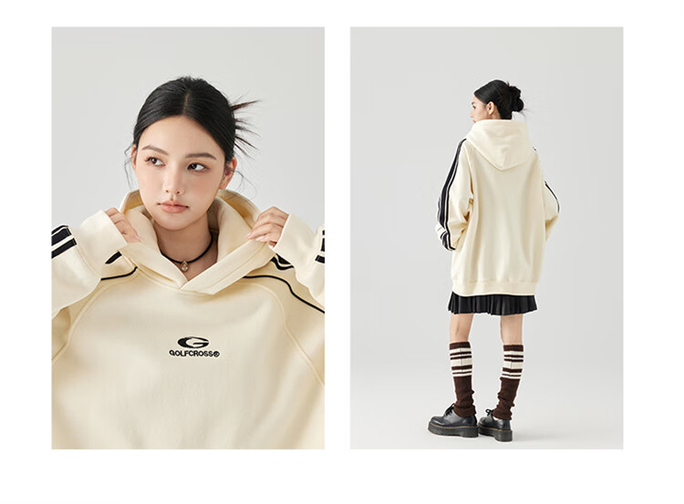 GOLFCROSS Couple's Retro Academic Style Striped Patchwork Color-Block Letter Embroidery Hoodie, Black, XXXL 13