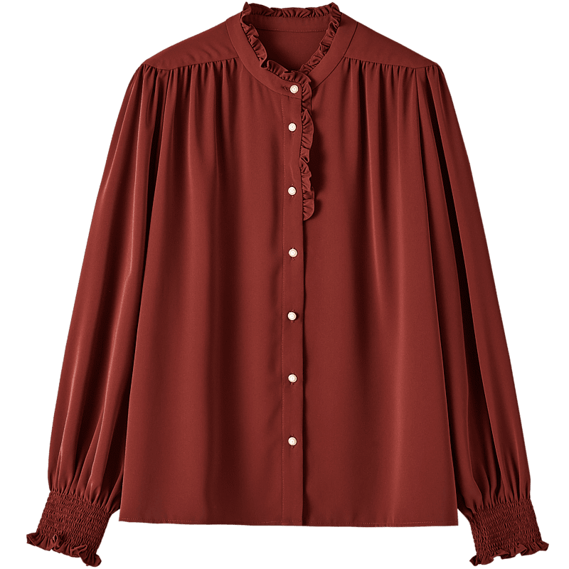 Dme [Ruched Shiny Blouse] Spring And Autumn French Style Women's Elegant Ruffle Stand Collar Pleated Blouse Women's Top