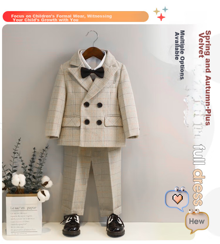 LUOBOBEIBEI Children's Suit Plaid Boys Formal Wear Set for Piano Performance, Host, And New Year Greetings, Navy Blue Four-Piece Set, Size 110 1