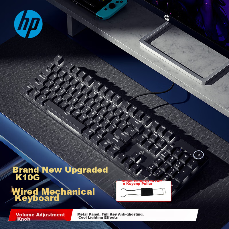 HP K10G-104 Black White Light Red Switch Mechanical Keyboard Wired Gaming Keyboard E-Sports Internet Cafe PUBG Keyboard Metal Panel Full Anti-Ghosting Hot-Swappable