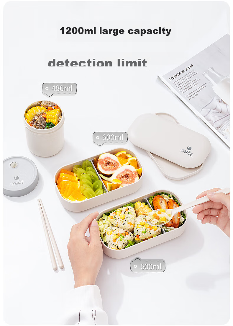 CAMUZ Bamboo Fiber Pro Double-Layer Lunch Box Bento Box, Japanese Style, Microwave Safe, 1200ML, White And Black, 3-Piece Set 4