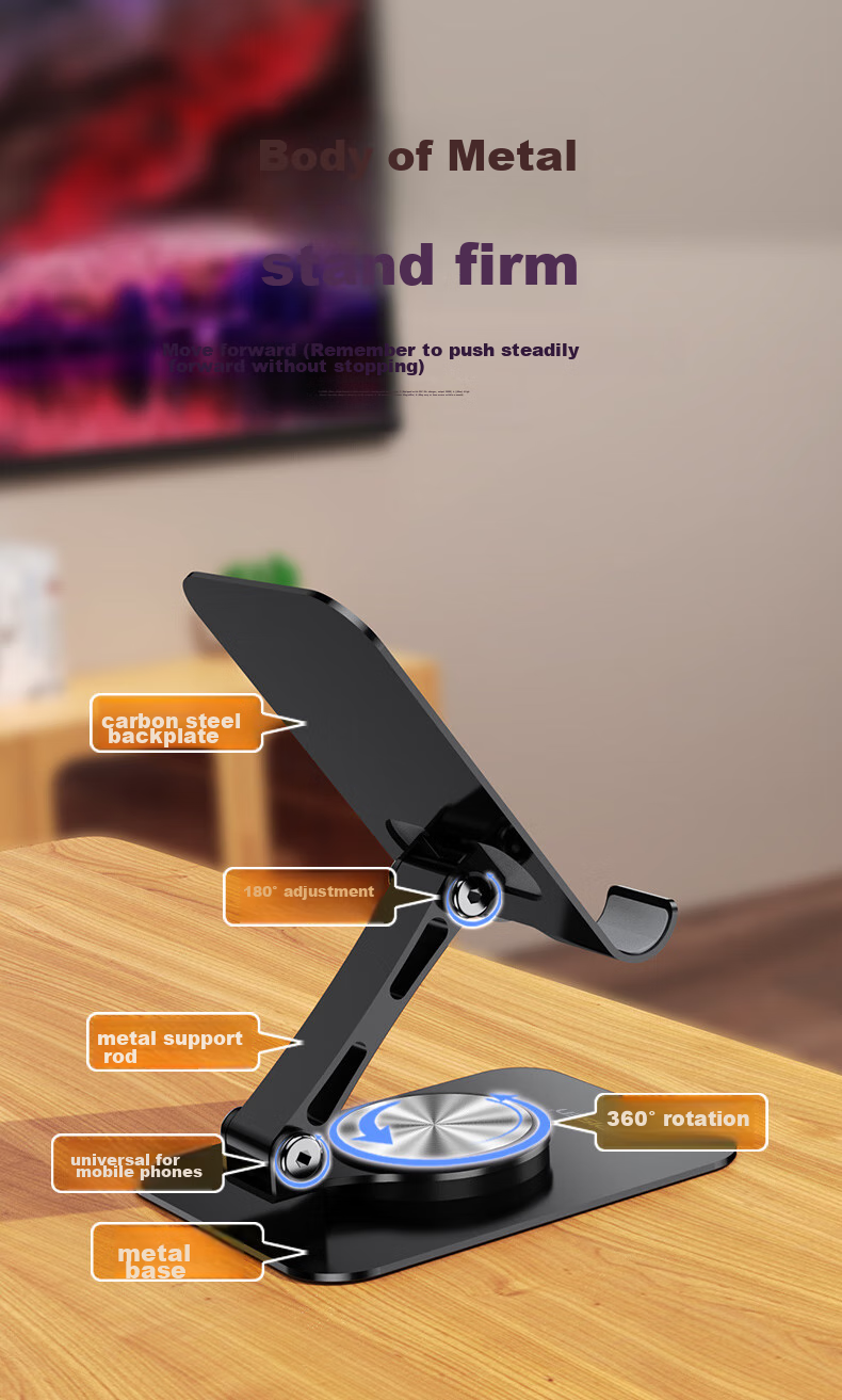 Pisen Rotatable And Foldable Portable Phone Stand, Tablet Stand for Desktop, Metal Base Stand for Watching Shows, Browsing TikTok, Live Streaming, Compatible with Phones And Tablets, Black 2