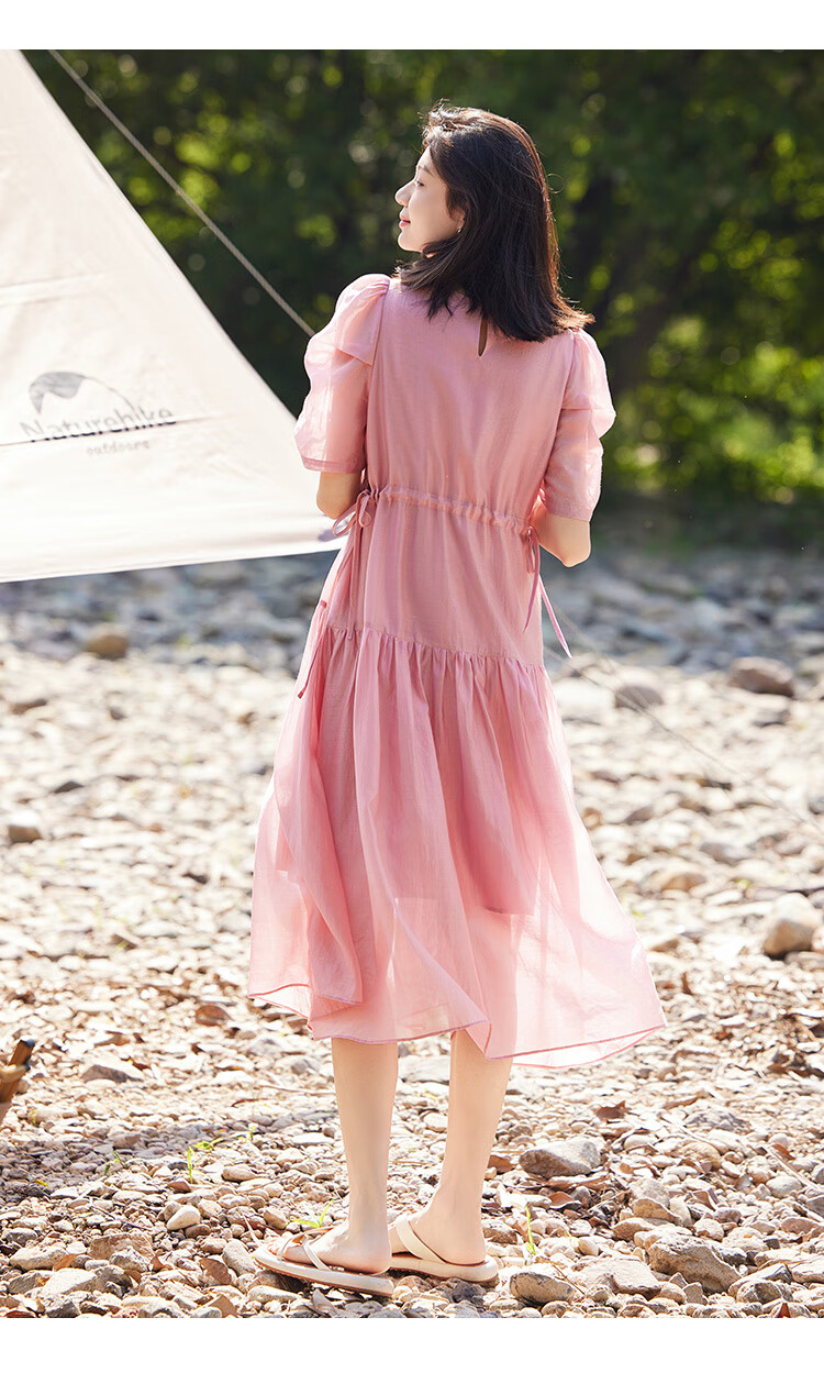 Dme Tencel Doll Dress, French Puff Sleeve, Flowing Tie-Waist Dress for Women, Sheer Pink, L 11