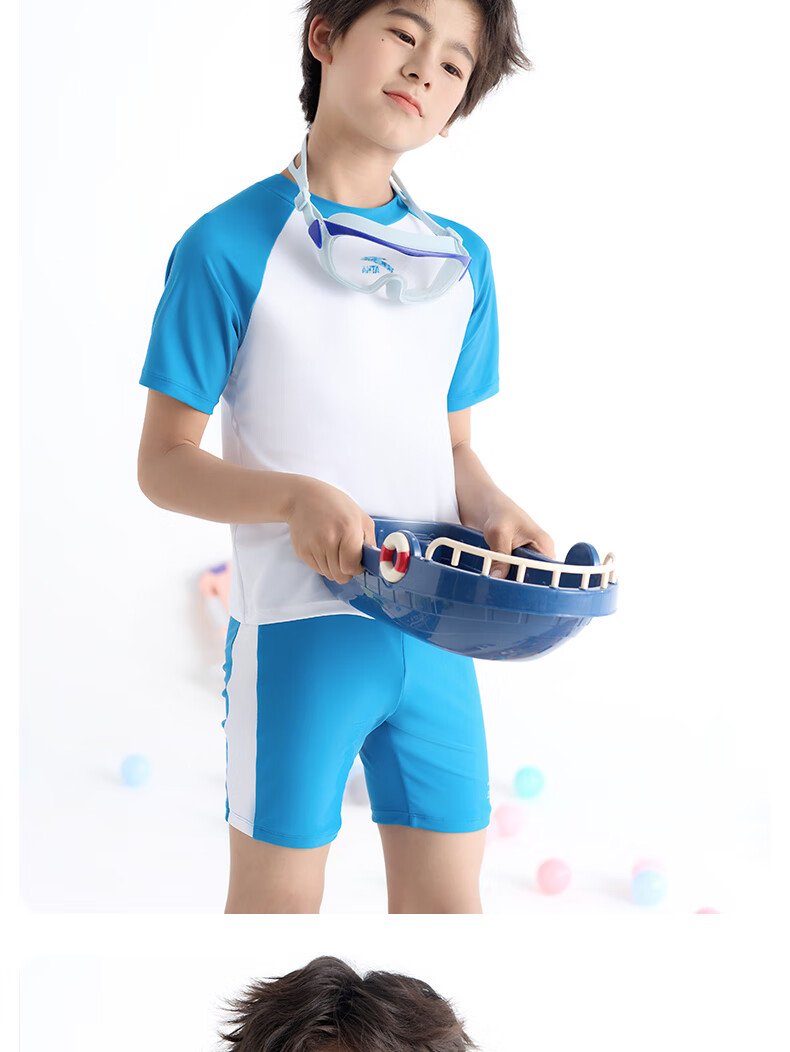 ANTA Children's Two-Piece Swimsuit for Boys, 2024 New Style, Big Kids Swim Trunks, Sun Protection Professional Swimming Set, Sky Blue, Size 170 18