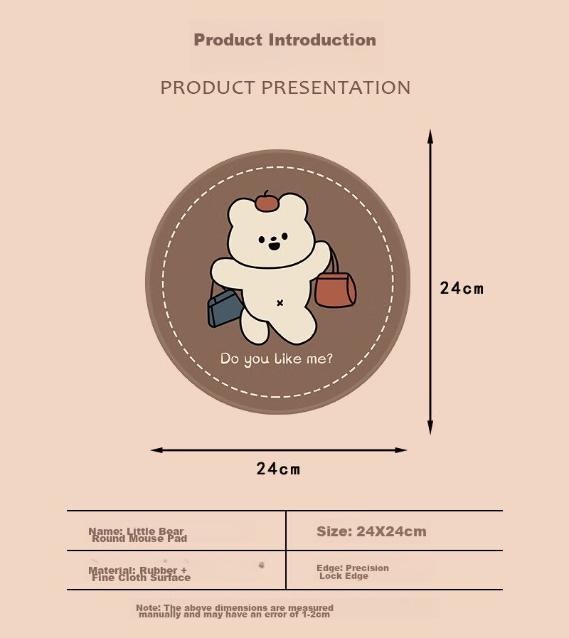 Youbili Mouse Pad Small Cute Cartoon Round Office Desk Mat Customized for Women, E-Sports Gaming Creative Round Pad Diameter 24cm 9400-Love Bear 2