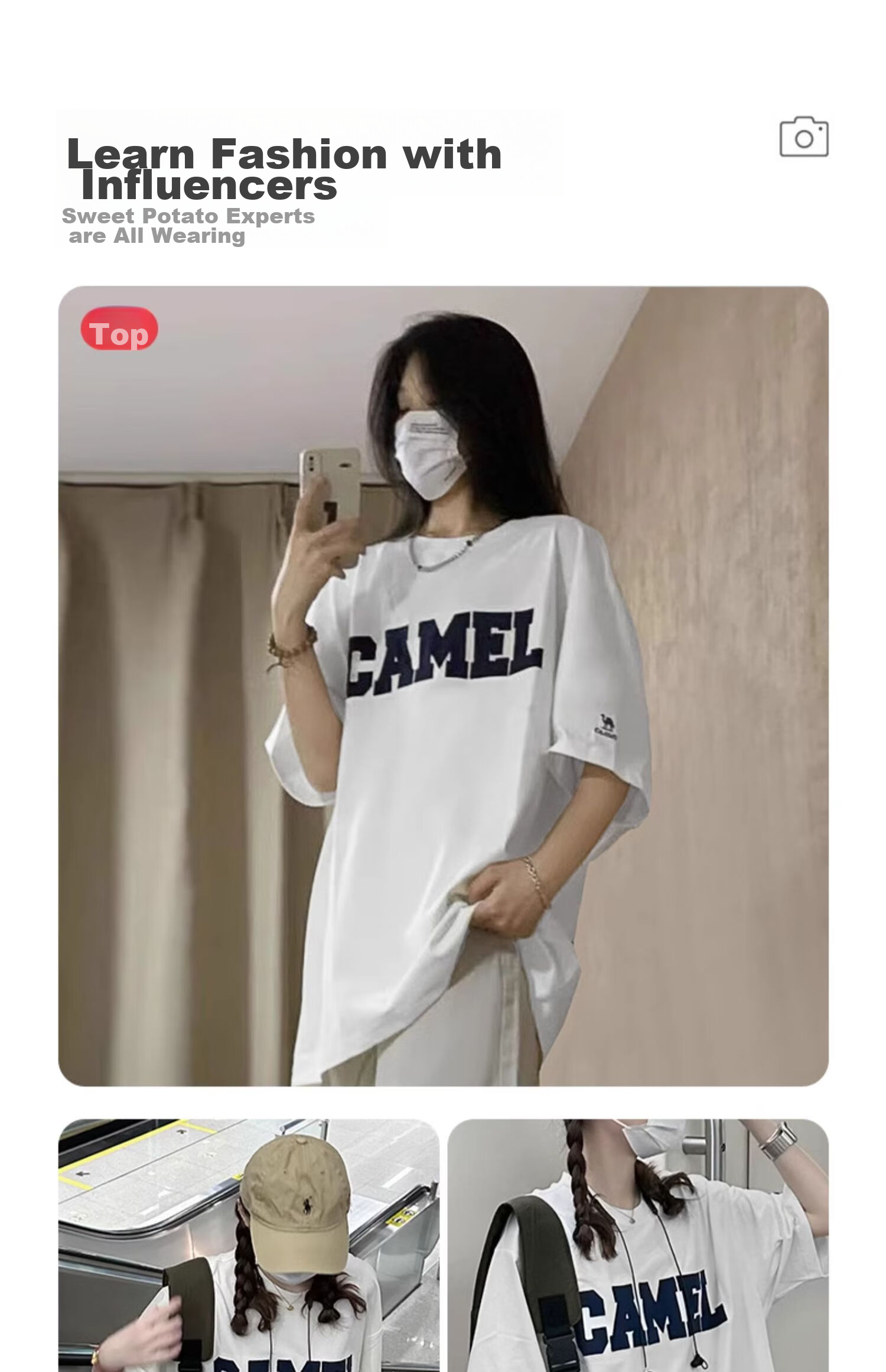 CAMEL Short-Sleeve T-Shirt for Men And Women, Summer New Style Letter Print Trendy Loose Casual Cotton-Feel Top 1
