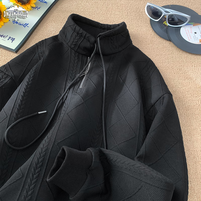 Dingfengbaoluo Jacquard Heavyweight Sweatshirt for Men, Autumn And Winter Half-Zip Turtleneck Warm Base Layer GC01 Black L