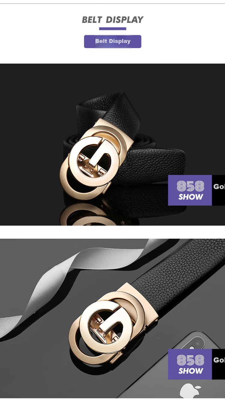 COW Men's Automatic Buckle Belt, Top-Grain Leather, Casual Jeans, Business Genuine Leather Trouser Belt, C-858 Gun Color 8