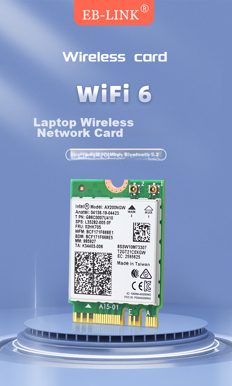 EB-LINK Intel AX200 Chip Laptop Wireless Network Card, 3000M M.2 Interface, WiFi6 Gigabit Dual-Band Network Card, Bluetooth 5.2, Computer Internal Module 2