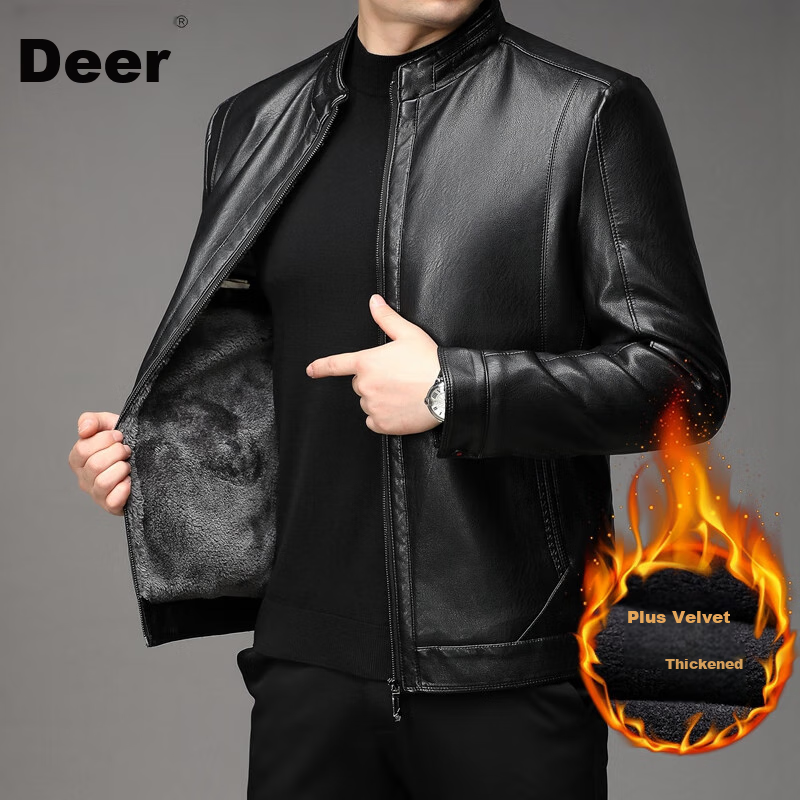 Yalu Men's Fleece-Lined Thickened Leather Jacket Mid-Aged Autumn Winter Warm Business Stand Collar Dad Jacket Leather Coat