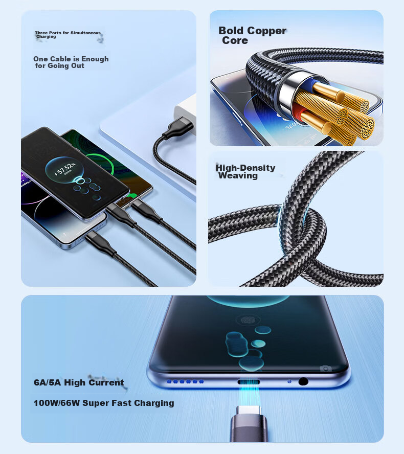 CangHua Three-In Charging Cable, 2 Meters, 6A Fast Charge 100W, Multi-Head 88W, Compatible with Apple Type-C, Android IPhone 18/17/16, Huawei, Xiaomi Phones 3