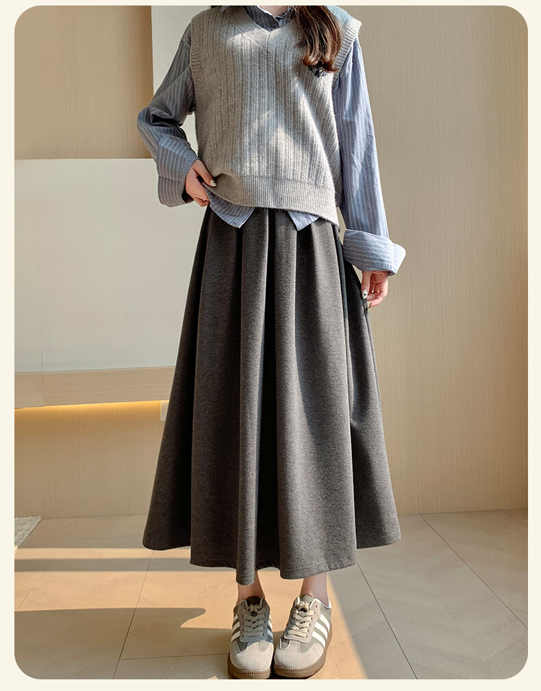 LangSha Women's Woolen Feel Skirt 2026 Spring Autumn High Waist Loose Slim A-Line Mid-Length Skirt 16