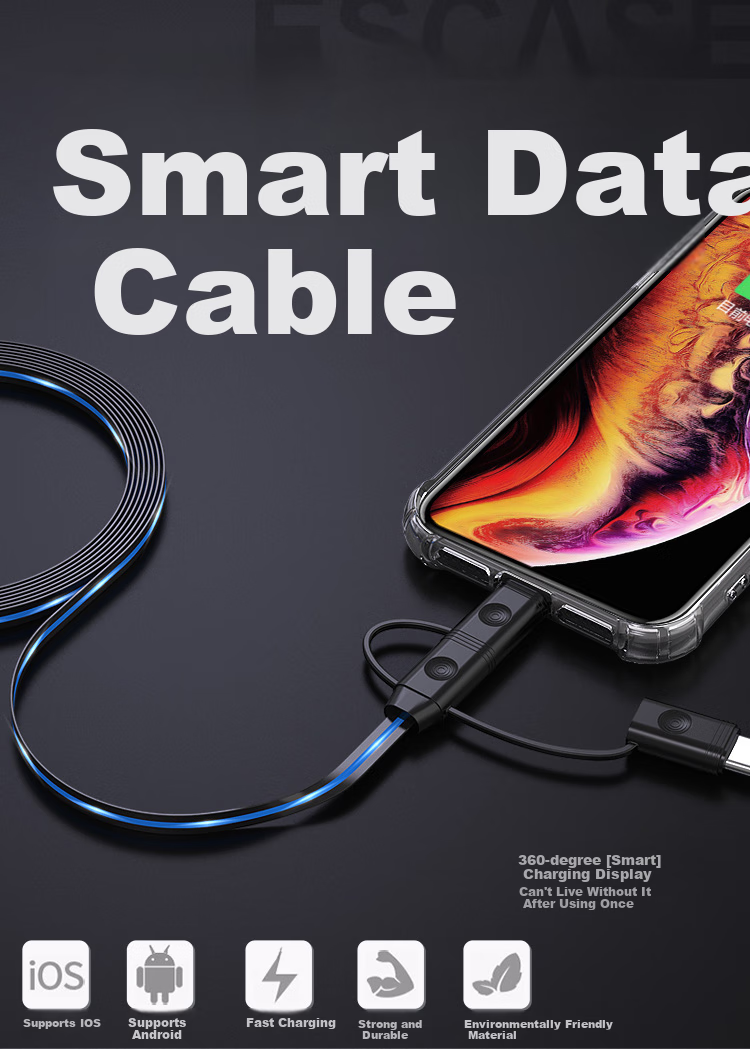ESCASE Three-In Charger Cable for Apple Phones, Compatible with IPad 12.9-Inch Type-C, Android, Huawei, Multifunctional Flowing Light C28 Blue 1