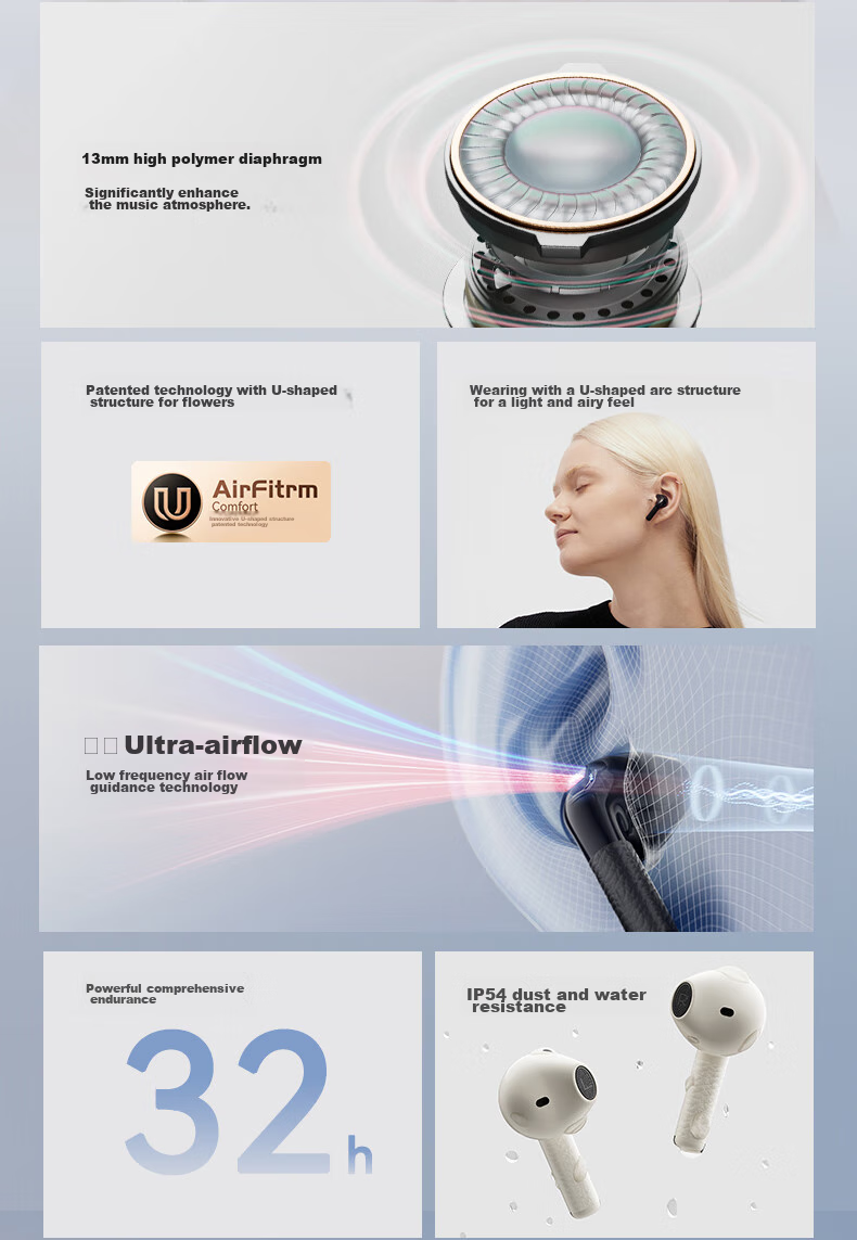 Manbuzhehuazai Evo Air Wireless Bluetooth Earphones, Semi In-Ear Style, 32-Hour Long Battery Life, Bluetooth 5.4, Mother-Of White, Compatible with Apple, Huawei, Xiaomi 4