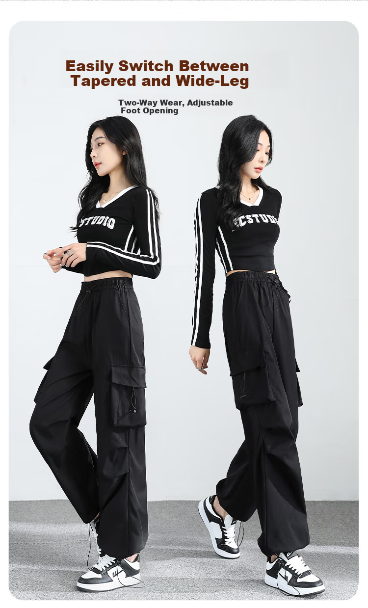 FitonTon Women's Spring Parachute Cargo Pants, High-Waisted Wide-Leg Trousers, Slimming Straight-Leg Drawstring Casual Sports Pants for Women S 2
