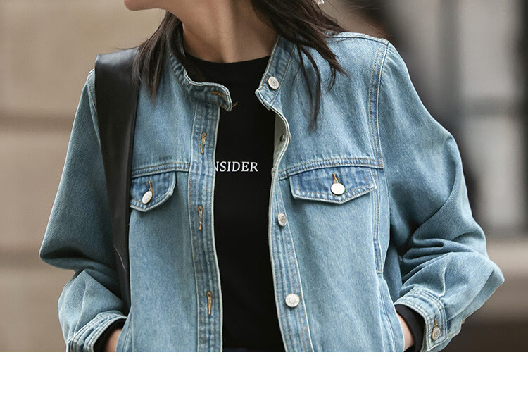 Dme Small Round Neck Denim Jacket Spring Straight Shoulder Sleeve Slim Fit Short Denim Jacket 14