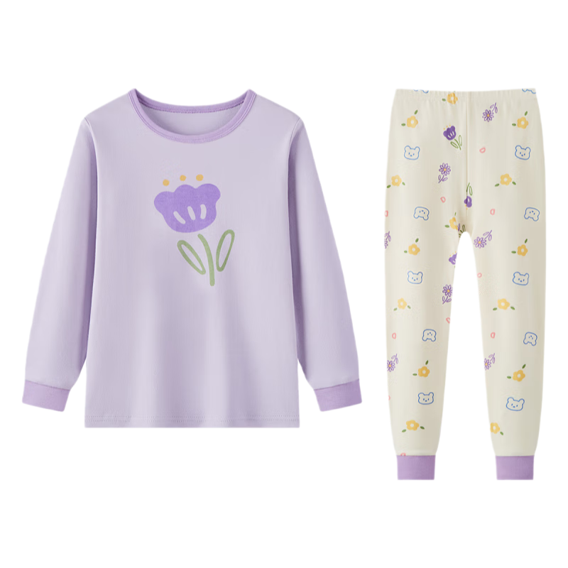 DEESHA Children's Pure Cotton Class A Autumn Thin Long Johns Set Girls' All Cotton Thermal Underwear Set Purple Little Flower Bear 140