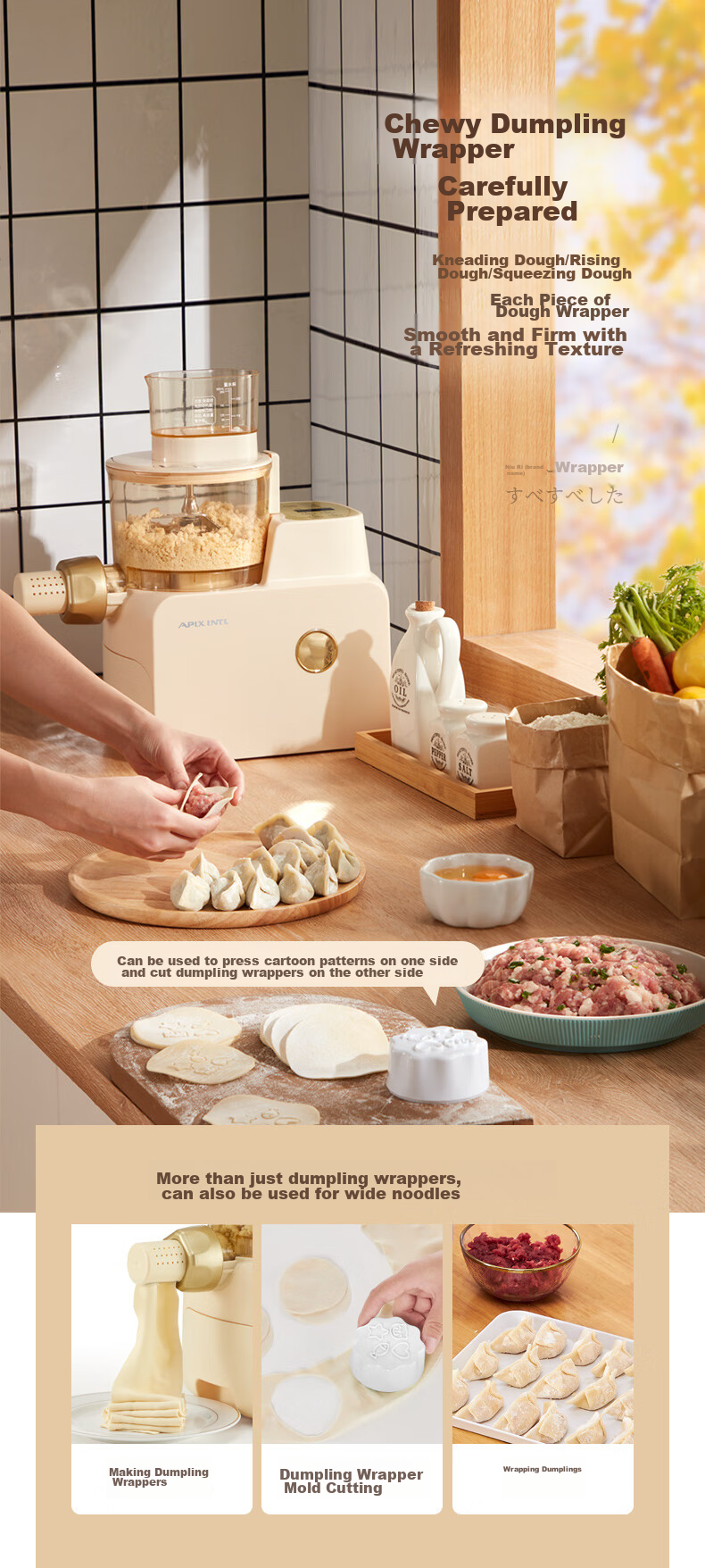 APIXINTL Anben Su Noodle Maker, Fully Automatic Pasta Machine, Multi-Functional Home Use, Multiple Mold Options, Electric Dough Kneader, Dumpling Wrapper Maker, 4-Person Capacity, APIX-M06 7
