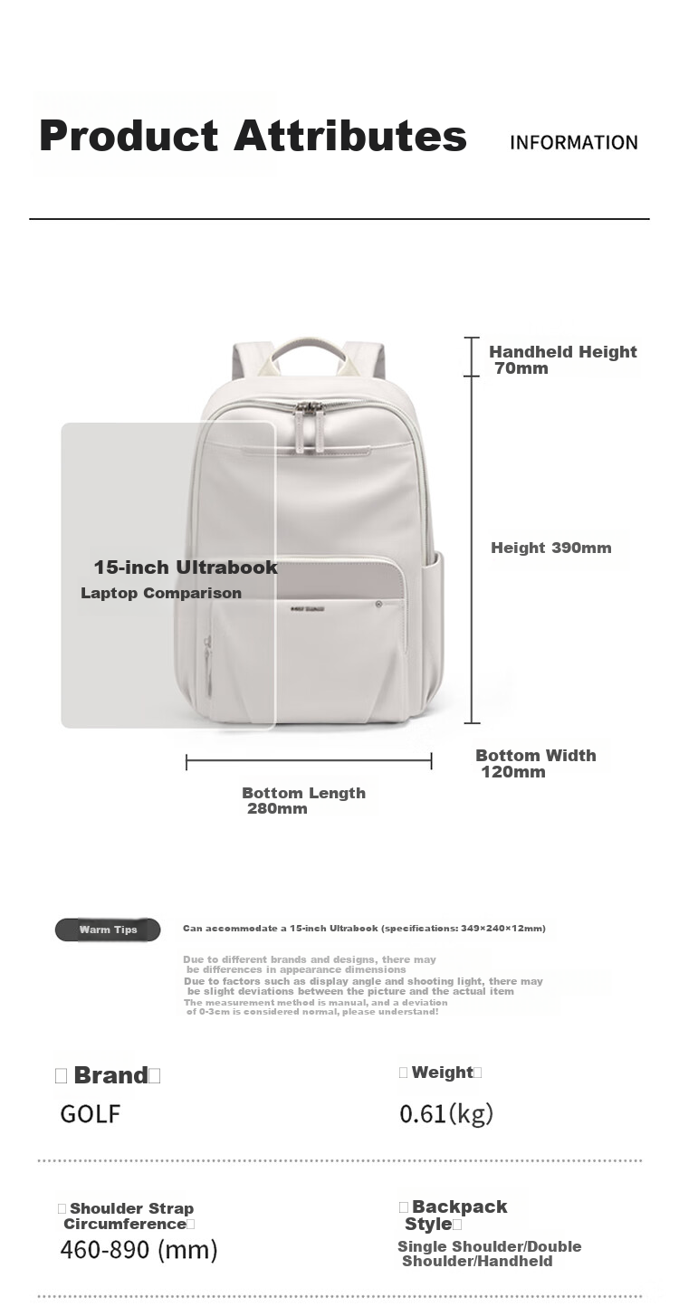 GOLF Women's Backpack, Business Laptop Bag, 15-Inch Apple Notebook, Travel Backpack, Schoolbag, Women's Day Gift 15