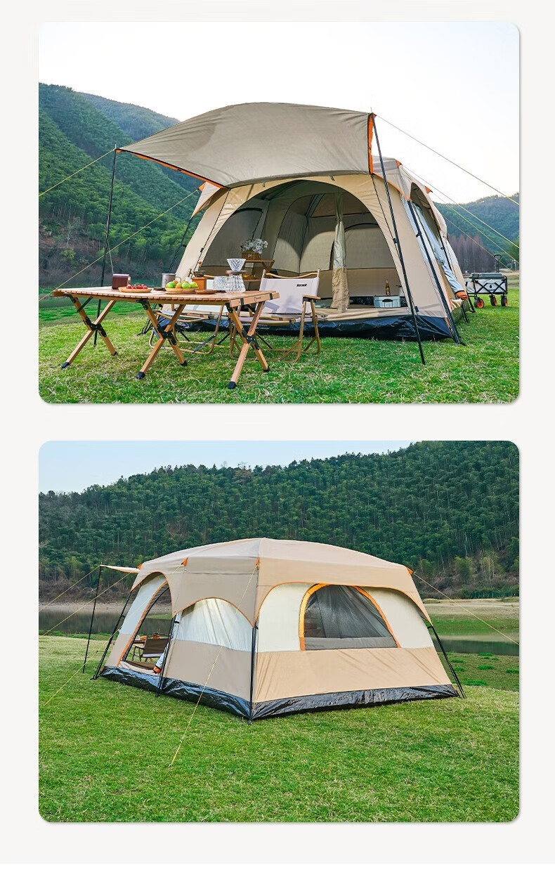 BeiJiLang Tent, Outdoor Family Camping, Portable, Sun Protection, Rain Protection, Multi-Person Large Space, Wild Camping, Double-Layer Two-Room One-Living Room, Coffee 13