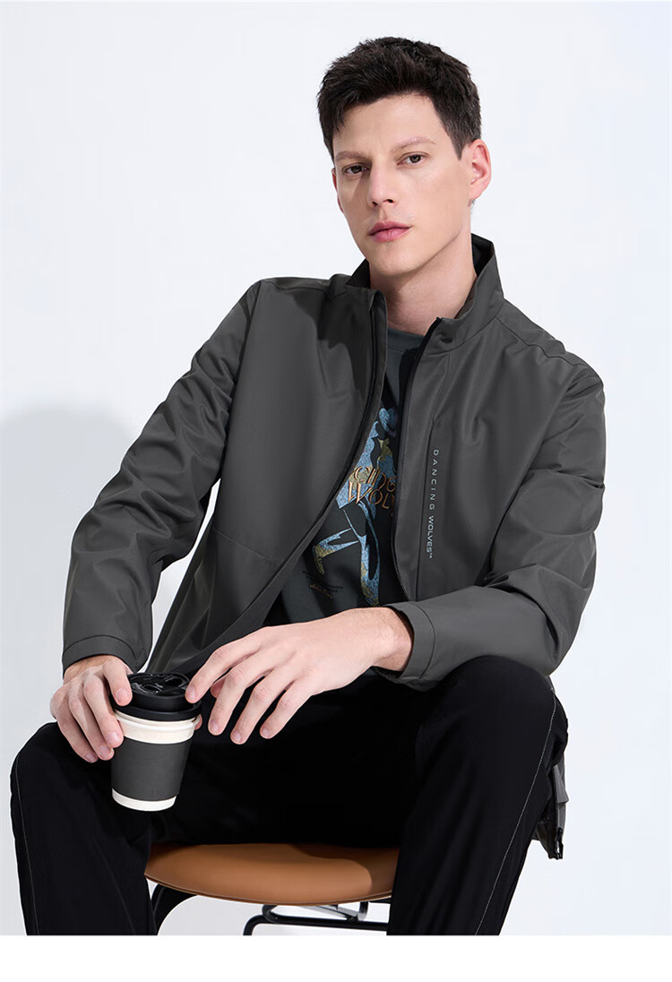 DANCING WOLVES [Versatile for Commuting] Fashionable Simple Jacket with Letter Print, Men's Outerwear, 015 Dark Gray, Size 175 8