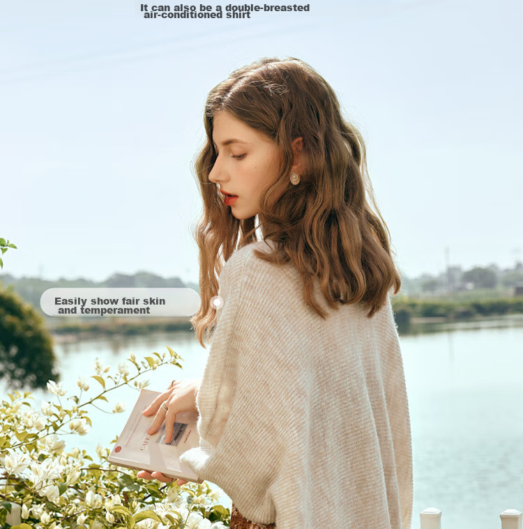 Olrain Batwing Sleeve Knitted Cardigan, Women's Loose Casual Thin Sweater Shawl, Outer Layer for Spring And Autumn, Apricot Color, XL Size 16